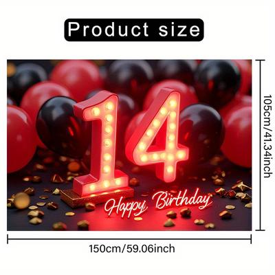 "TEMU 1pc 14th Birthday Celebration Backdrop Banner - With Neon "14" Numbers, Polyester, For Indoor/outdoor Parties, Ideal For Living Room, Bedroom, Office Decor & Photo Booth" Image