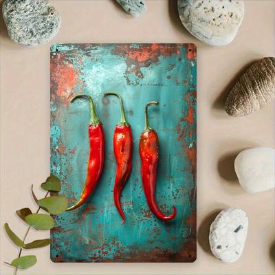 TEMU Vintage-inspired Red Pepper Art Metal Wall Decor - 8x12 Inch Rustic Iron Sign With Vibrant, Distressed For Kitchen, Dining Room, Or Porch, Rustic Wall Decor, Room Decor Image