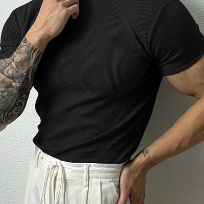 TEMU Men's High Neck Striped T-shirt - Stretchy Slim Fit Short Sleeve Shirt For Summer Gym, Running, Yoga & Casual - Breathable Machine-washable Athletic Top Image