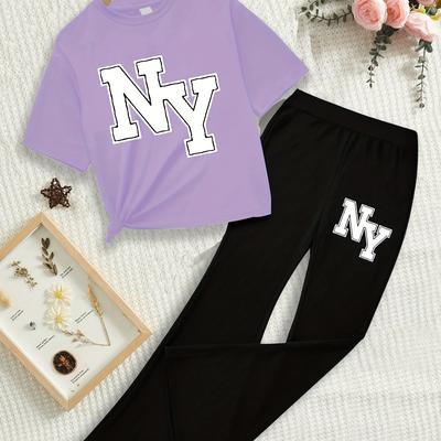 TEMU Girls' Summer Casual Comfortable Fashion Set White Letter Ny Pattern Print Round Neck Short Sleeve T-shirt + Trousers Set For Outdoor Image