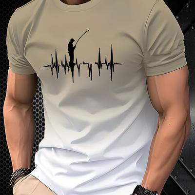 TEMU Men's Casual Crew Neck T-shirt, Solid Color With Golfer Silhouette And Heartbeat Design, Stretch Fabric, Regular Fit - Novelty Tee For Sports Fans Image