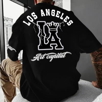 TEMU Men's Casual Los Angeles La Graphic T-shirt - Breathable & Comfortable Black Tee With White La Print, , Comfortable Casual Attire | Trendy Casual Top | Los Angeles Themed Apparel, Plus Size Image