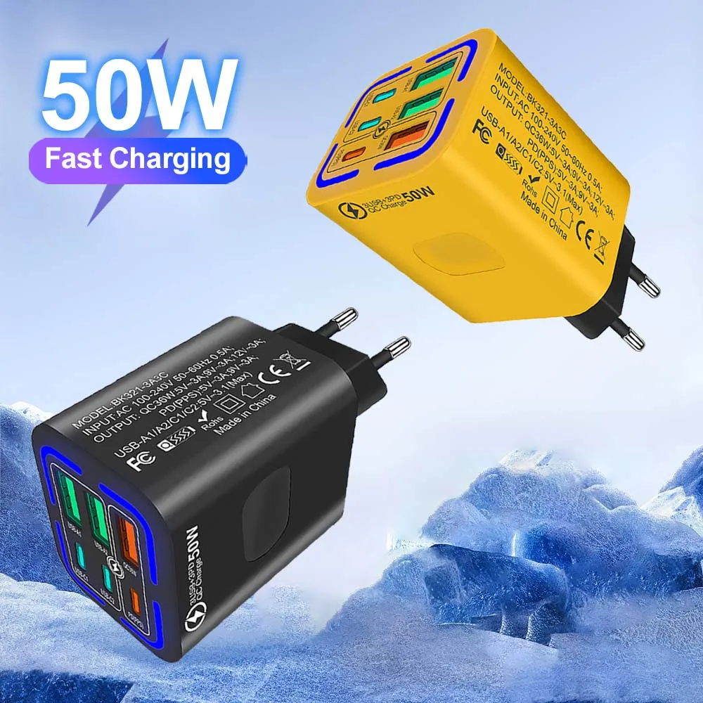 50 W 3 USB + 3 PD Wandladegerät 6 Ports Schnellladeadapter für iPhone Xiaomi Samsung Mobile EU/US/UK-Stecker Image
