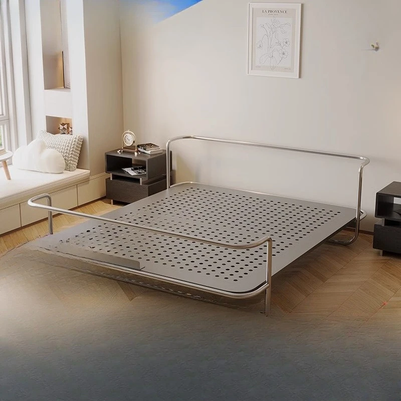 Minimalistisches Design, Edelstahl-Metallbett im Industriestil, Bauhaus-Doppelbett, leichtes, luxuriöses Hauptbett im mittleren und antiken Stil Image
