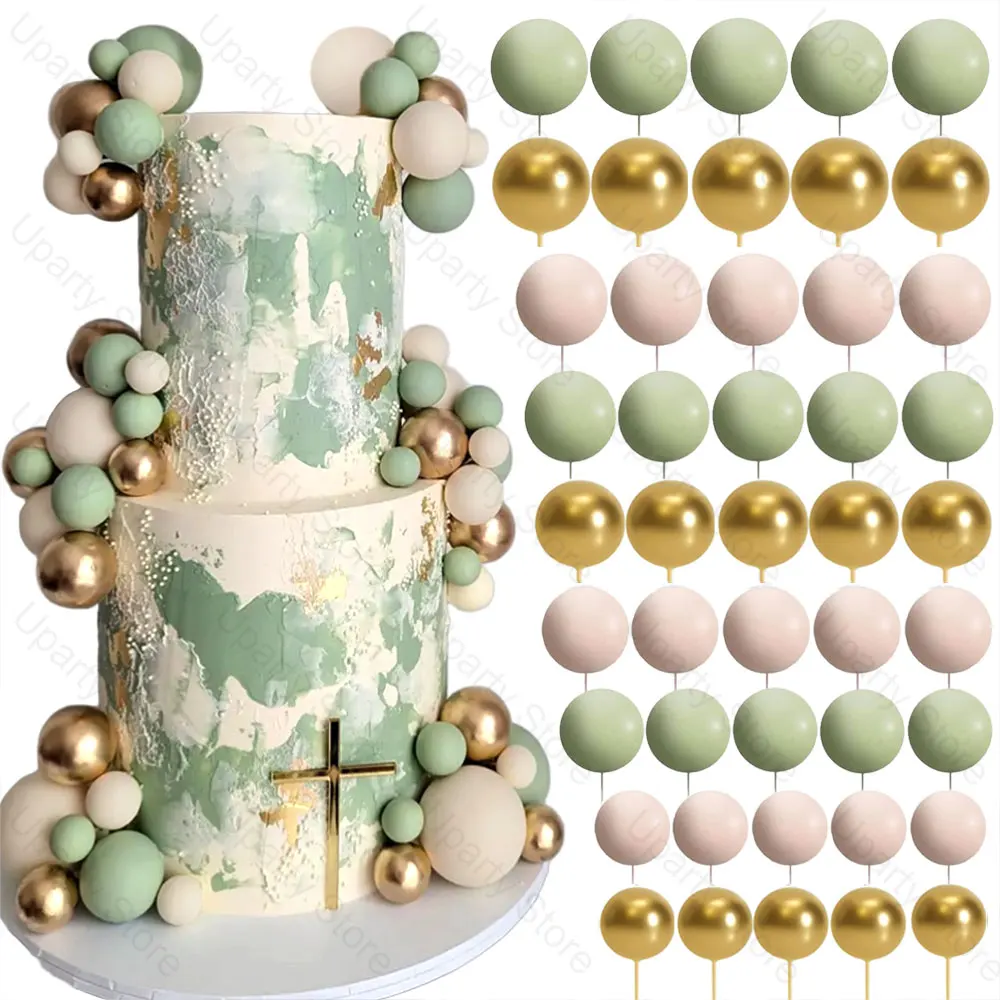 60 Stück Kugeln Kuchendeckel 2–4 cm Metall Gold Beige Salbeigrün Kuchenbälle Kuchendekorationen für Geburtstag Babyparty Hochzeitsdekoration Image