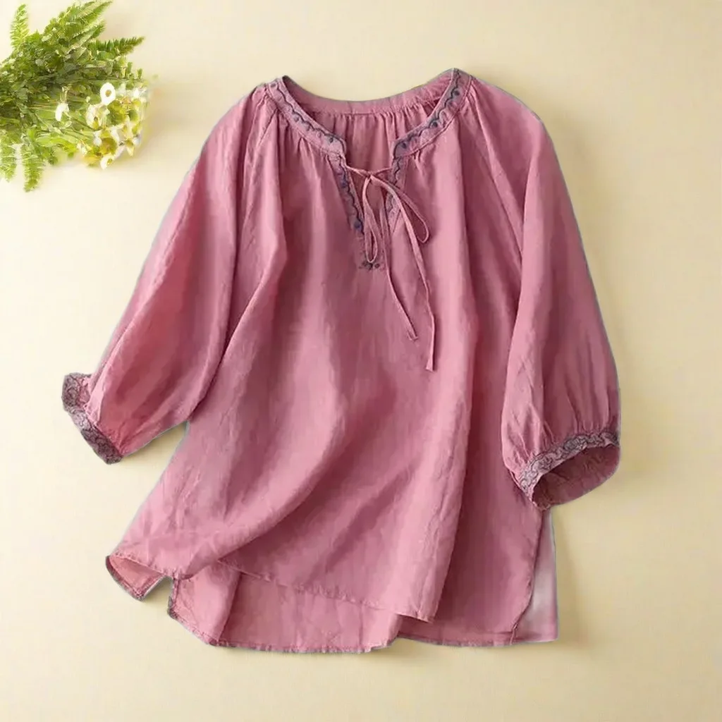 Embroidery Three Quarter Sleeve V-Neck Pullover Loose Women's Blouse Shirt Casual Linen Femal Tops Women Clothing Fashion 2024