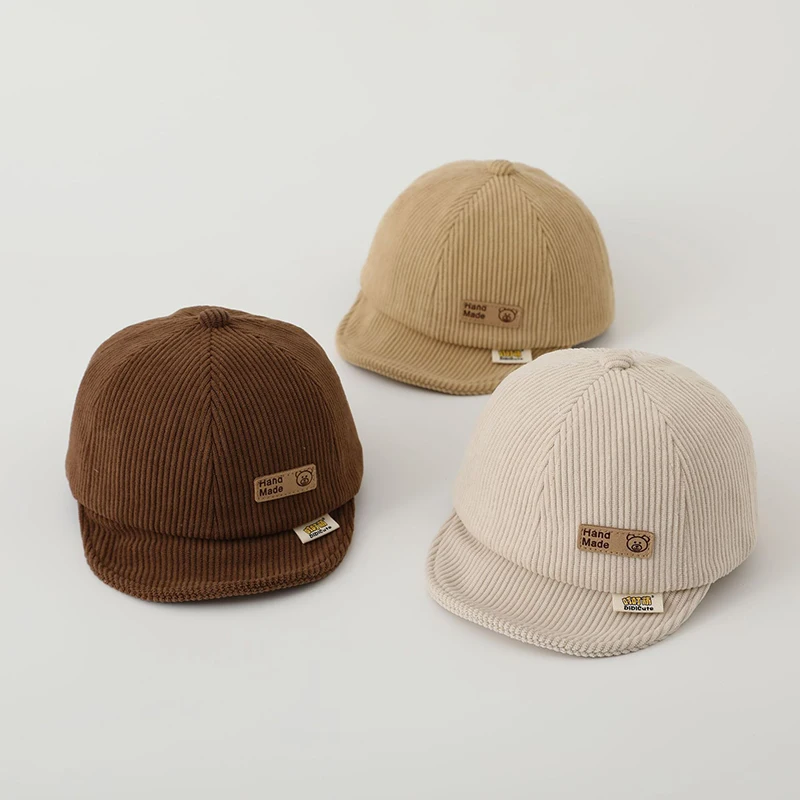 Einfarbige Cord Baby Hut Herbst Winter dicke Baseball kappe für Kleinkind niedlichen Bären Label Kinder Mädchen Junge Peaked Caps Image