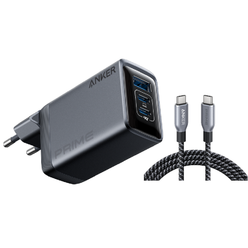Anker Prime Ladegerät (100W, 3 Ports, GaN)+Anker Prime USB-C auf USB-C Kabel (240W, Upcycled-Flechtdesign)