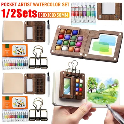 1/2SET Mini Travel Paint Palette With Clip And Watercolor Pocket 8/15 Grids Wooden Sketchbook Palette For Artists And Students