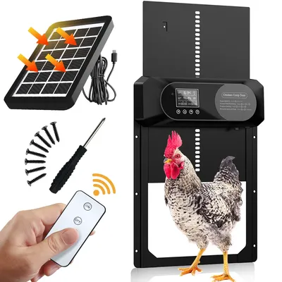 Fully automatic solar powered chicken coop door with remote control, timer, light sensor, chicken