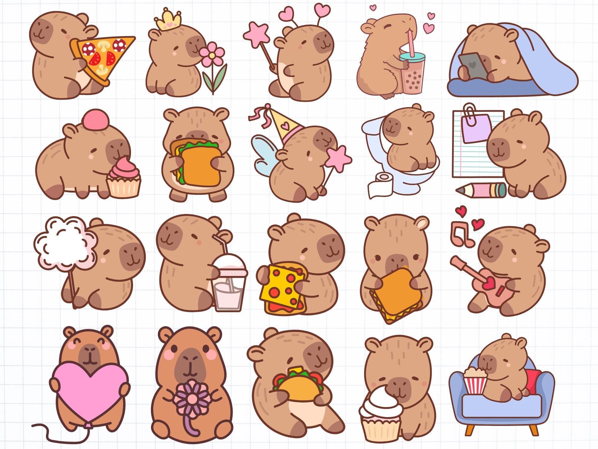 Grazioso Capibara PNG, Pacchetto Capibara SVG, Clipart di Capibara divertente, Adesivo digitale di cartoni animati anime, file per Cricut, Set di illu