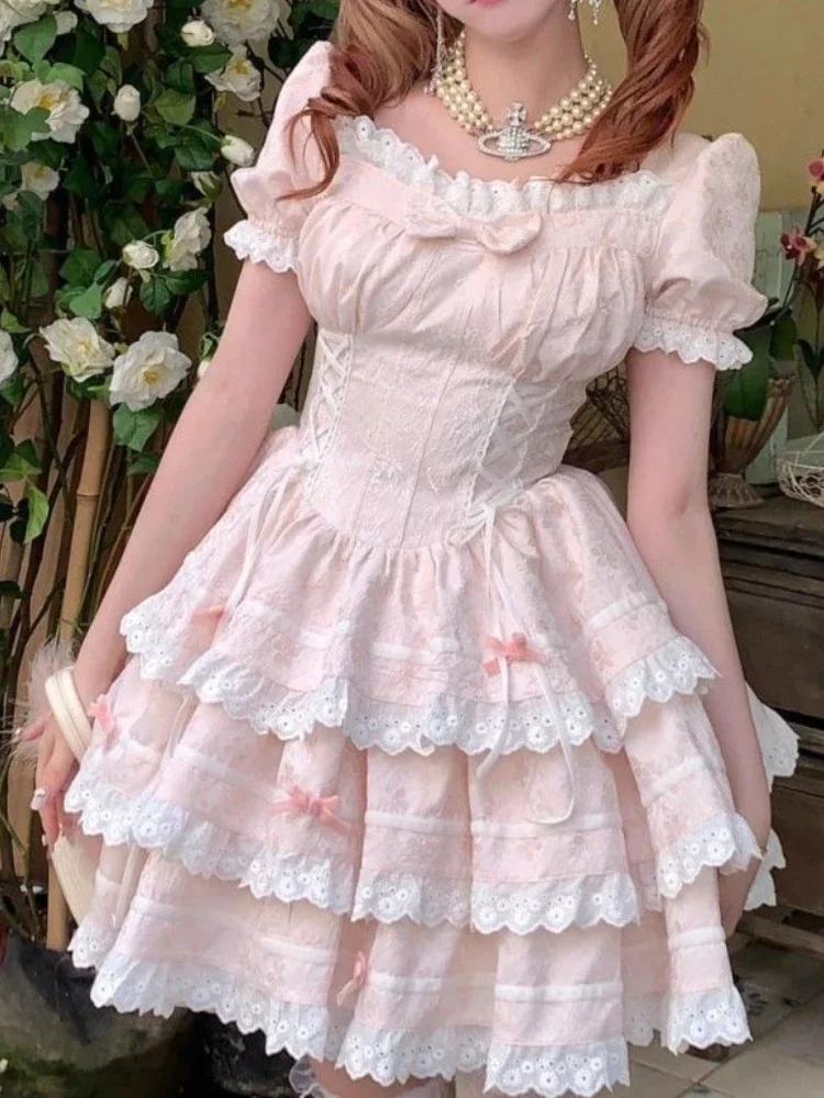 Abito Lolita Giapponese Kawaii con Fiocco e Pizzo, Vestito Mini Senza Maniche per Donne, Dolce e Carino, Stile Principessa, Nuovo