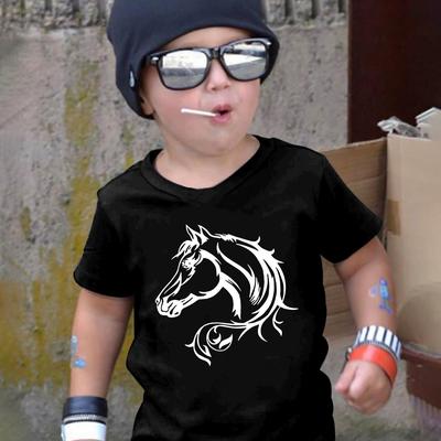 TEMU Kids Horse Graphic T-shirt - Casual Crew Neck Polyester Top With Short Sleeves For Boys - Summer Knit Fabric Tee With Medium Stretch - Children's Casualwear Image