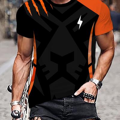 TEMU Men's Casual Crew Neck T-shirt With Lightning Bolt Graphic, Colorblock, Short Sleeve, Regular Fit - Stylish Summer Top For Casual Attire Image