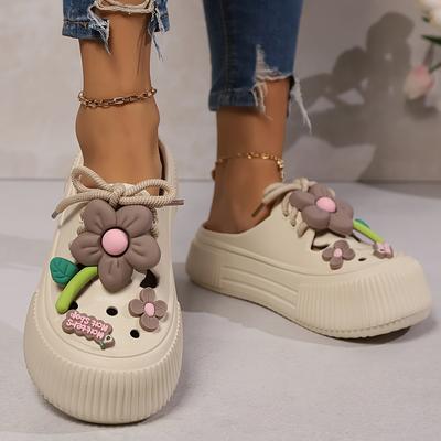TEMU Women's Cute Flower & Skull Design Slide Sandals - Lightweight, Comfortable Eva Material, White With Pink Accents, Casual , Ladies Sandals Image