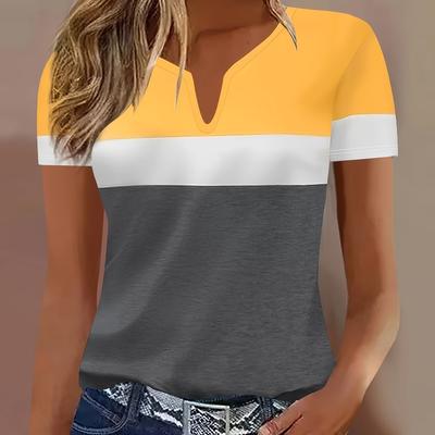 TEMU Women's Elegant Color Block V-neck T-shirt - Short Sleeve, Stretchy Fabric, Pullover With White & Gray , Stylish Casual Top|striped Pattern Top| Top Image