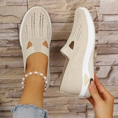 TEMU Women's Breathable Knit Slip-on Sneakers - Lightweight Beige Low-top Shoes With Soft Pvc Sole, Comfortable Wear For Casual Or Sporty Outfits Image
