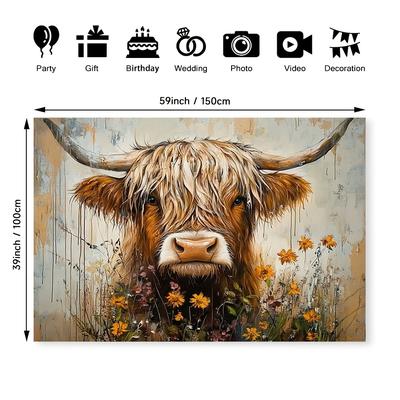TEMU 1pc Highland Cow Canvas Wall Art, Rustic Farmhouse Decor, Polyester Woven Tapestry, Lightweight Under 75gsm, Easy To Hang, No Electricity Needed, Celebrations & Family Photos Image