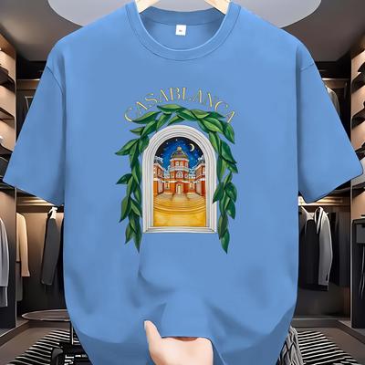 TEMU Men' Blue Graphic Print Short Sleeve T-shirt - Regular Fit Breathable Summer Tee With Architectural & Nature Design, Machine Washable Casual Top For Travel & Vacation, Geometric Pattern Shirt Image