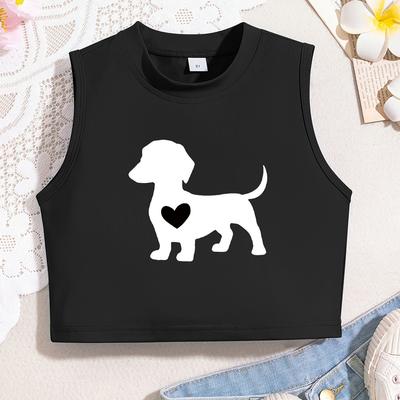 TEMU Adorable Puppy Girls' Top - Soft & Stretchy Sleeveless Shirt For Summer, Machine Washable Image