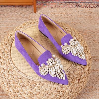 TEMU Women's Elegant Pointed Toe Flats With Pearl Embellishments, Comfortable Slip-on Mary-jane Shoes In Purple, Versatile For Casual Or Dressy Occasions, Dressy Shoes Image