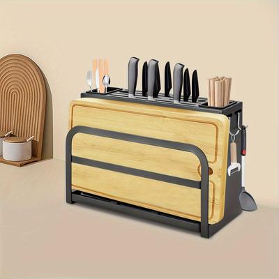TEMU Knife Block Without Knives, Carbon Steel With Utensil Holder, Knife Holder, Universal Knife Storage For Knives, Chopping Boards (black) Image
