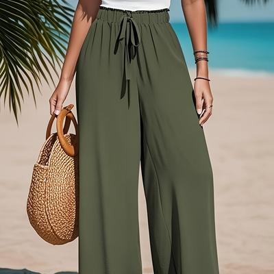 TEMU Women' Color Wide Leg Pants With Fake Drawstring Detail - Casual Loose Fit, Light Green, Spring/summer/fall, Polyester Fabric, Adult Sizes Image
