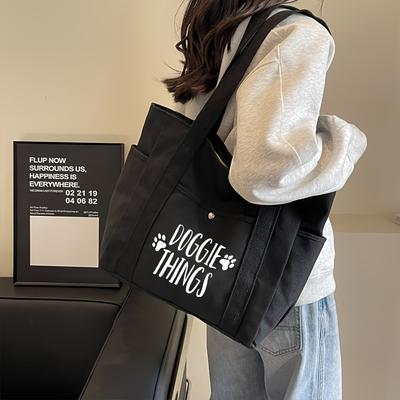 "TEMU Large Capacity, Multi-pocket Tote Bag With "doggie Things" Print - Durable Polyester, Zipper Closure, Ideal For Dog Lovers, Work, School, Travel & Shopping, Dog Tote Bag | | Durable Tote Bag" Image