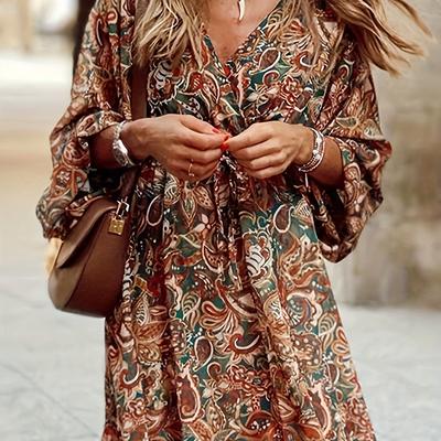 TEMU Women's Elegant V-neck Paisley Print A-line Dress - Machine Washable Versatile Casual To Formal Wear With Pockets, Everyday Outfit, Flowing Sleeves, Comfortable Material, Stylish Ladies Image