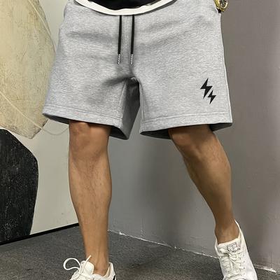 TEMU Men's Casual Athletic Shorts - Summer Drawstring Joggers With Geometric Lightning Bolt Design, Gray & White , Lightweight Polyester, Machine Washable, Sports & Casual Attire, Workout Shorts Image