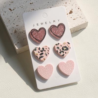 TEMU 3 Pairs Vintage Cute Acrylic Heart & Leopard Print Stud Earrings Set, Stainless Steel Posts, Daily & Festival Wear, Valentine's Day Gift For Women Image