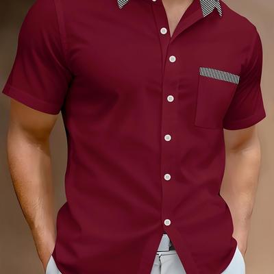 TEMU Men's Slim Fit Lightweight Business Casual Shirt With Collar, Short Sleeves, And Chest Pocket - Summer Wear In Beige With Gray Accents Image