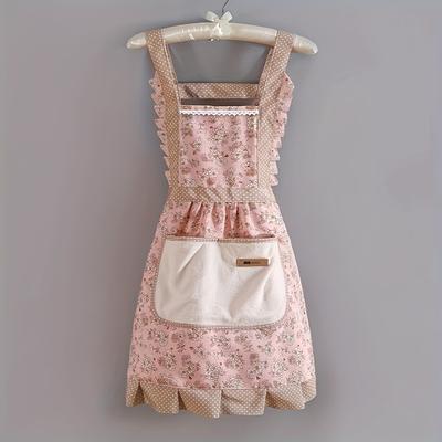 TEMU 1pc Breathable Floral Canvas Apron With Adjustable Shoulder Straps & Hood - Stylish Light Blue & Pink Floral Patterns, Polka Dot Trim, Large Soft Pockets For Kitchen, Chef, Or Waiter Use Image