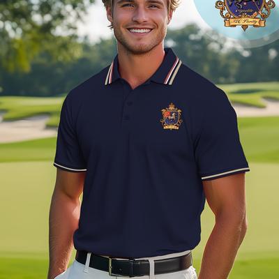 TEMU Men's Casual Shirt With Equestrian Emblem - Short Sleeve, Light Blue, Breathable Fabric, Summer Style, Regular Fit, Golf Course Background, Golf Attire | Equestrian Design | Image