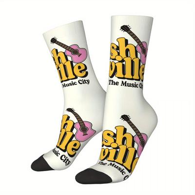TEMU 1 Pair Biihudu Nashville Crew Socks - Vibrant Guitar & Letter Print, Soft Polyester With Elastane, Breathable & Comfortable, Casual Wear, Music Clothes Image