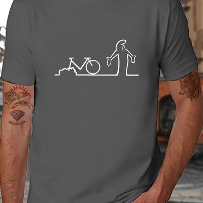 TEMU Men's Navy Blue Casual Shirt - Short Sleeve, Breathable Polyester, Round Neck With Unique Bicycle Graphic Design, Summer Style Image