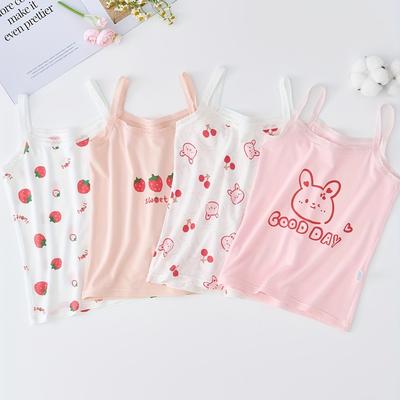 TEMU 4pcs Girls' Cute Cartoon Print Sleeveless Tank Tops, Breathable Modal Fabric, Soft & Comfortable, With Cherry, Strawberry, Rabbit Designs For Casual Wear, Ages 3-15 - Tb Image