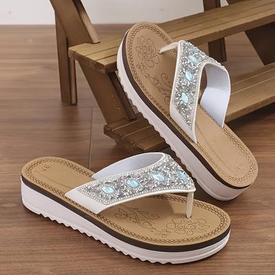 TEMU Women's Summer Fashion Slip-on Flat Rhinestone Roman Toe Beach Vacation Sandals In Plus Size Image