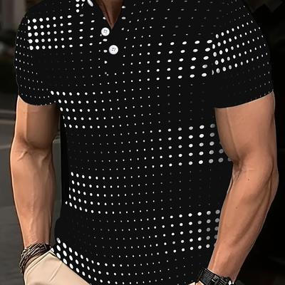 TEMU Men' & White Polka Dot Casual Athletic Shirt - Short Sleeve, Button-up Collar, Breathable Polyester For Golf, Gym & Casual Attire, Gym Attire | Modern Polka Dot | Smooth Texture Fabric Image