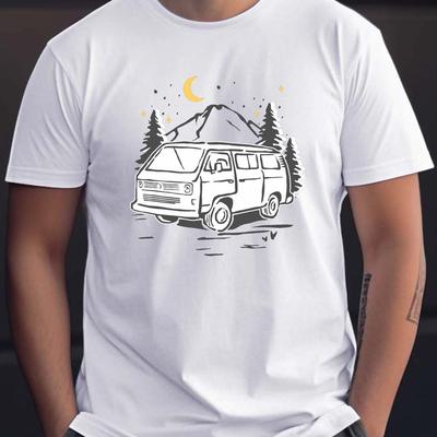 TEMU Vintage Inspired Travelling Van Print Tee Shirt, Men's Crew Neck Short Sleeve Summer T-shirt, Casual Comfy Top For Image