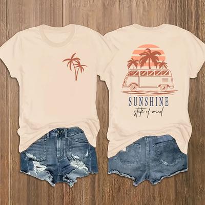 "TEMU Women's Casual "sunshine" Van & Palm Tree Graphic T-shirt - Comfortable, Breathable Fabric, Short Sleeve, Round Neck, , Casual Attire Tee | Relaxed Fit Tee | Breathable Material" Image