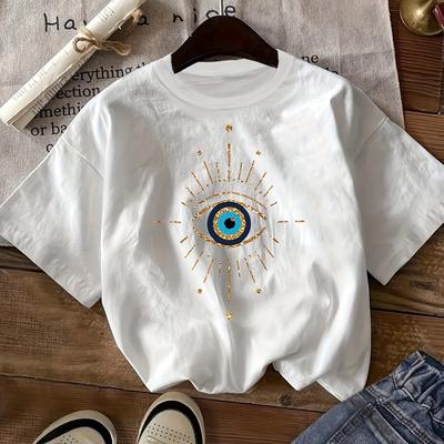 TEMU Eye Print T-shirt, Short Sleeve Crew Neck Casual Top For Summer & Spring, Women's Clothing Image