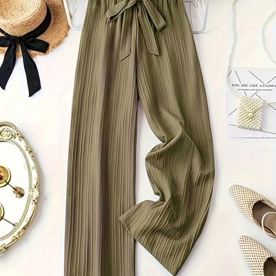 TEMU Women's Casual Solid Color Pleated Pants With Bow Detail - High-waisted, Lightweight Polyester, Spring/summer/fall, Pants|bow Detail Pants|glossy Textur Image