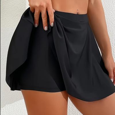 TEMU Women's Elegant Black Swim Skirt - High-waisted, Mid-stretch Polyester & Elastane Blend, Non-transparent, Machine Washable, Beach Or Image