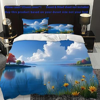 TEMU 3pcs Lake Pattern Printed Bedding Set, Includes 1 Duvet Cover And 2 Pillowcases Without Pillows, Light Beige-friendly , Suitable For Hotel Themed Rooms, Living Room, Public Bedroom Home Goods Image