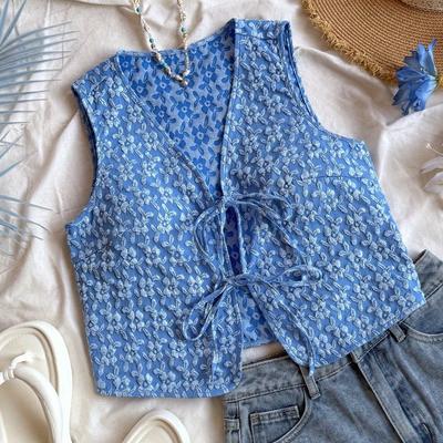 TEMU Elegant White Lace-up Sleeveless Top With Floral Texture - , Versatile Vest For Adults, Vacation Attire|floral Pattern Top|laceup Detail Image