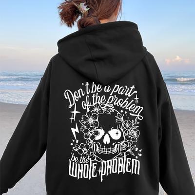 TEMU Plus Size Casual Skull And Floral Alphabet Print Hoodie With Pocket Detail, Women' Pullover Long Sleeve Hooded Sweatshirt, 100% Polyester Soft Knit Fabric With Stretch, Fall/winter Image