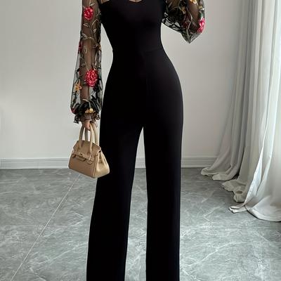 TEMU Elegant Floral Embroidered Jumpsuit For Women - Black Mesh Lantern Sleeve, Long Sleeve, Round Neck, Spring/summer/fall Attire, Style Image