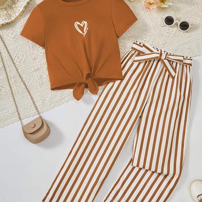 TEMU Girls' Casual Short-sleeve T-shirt With Heart Print With Striped Wide-leg Pants, 2pcs Set (belt Pattern ), For Outdoor Image