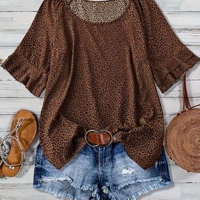 TEMU Women's Leopard Print Blouse With Sleeves - Casual Summer Top For Adults, Casual Summer Top|leopard Print Top| Sleeve Top, Leopard Print Shirt Image